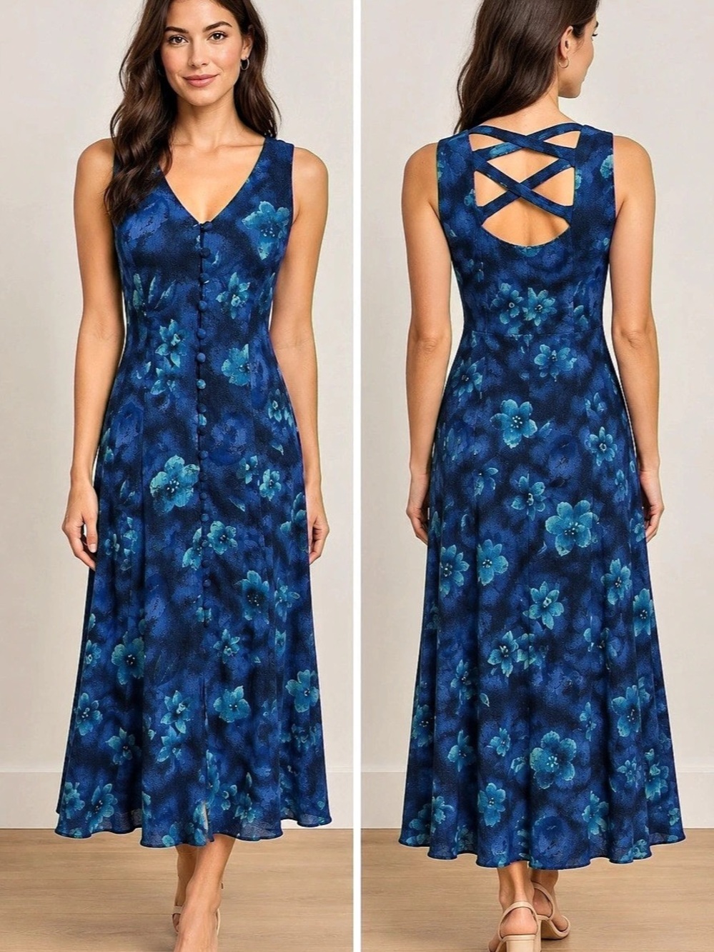 Vintage 90s Sheri Martin Maxi Floral Dress Size 8 petite